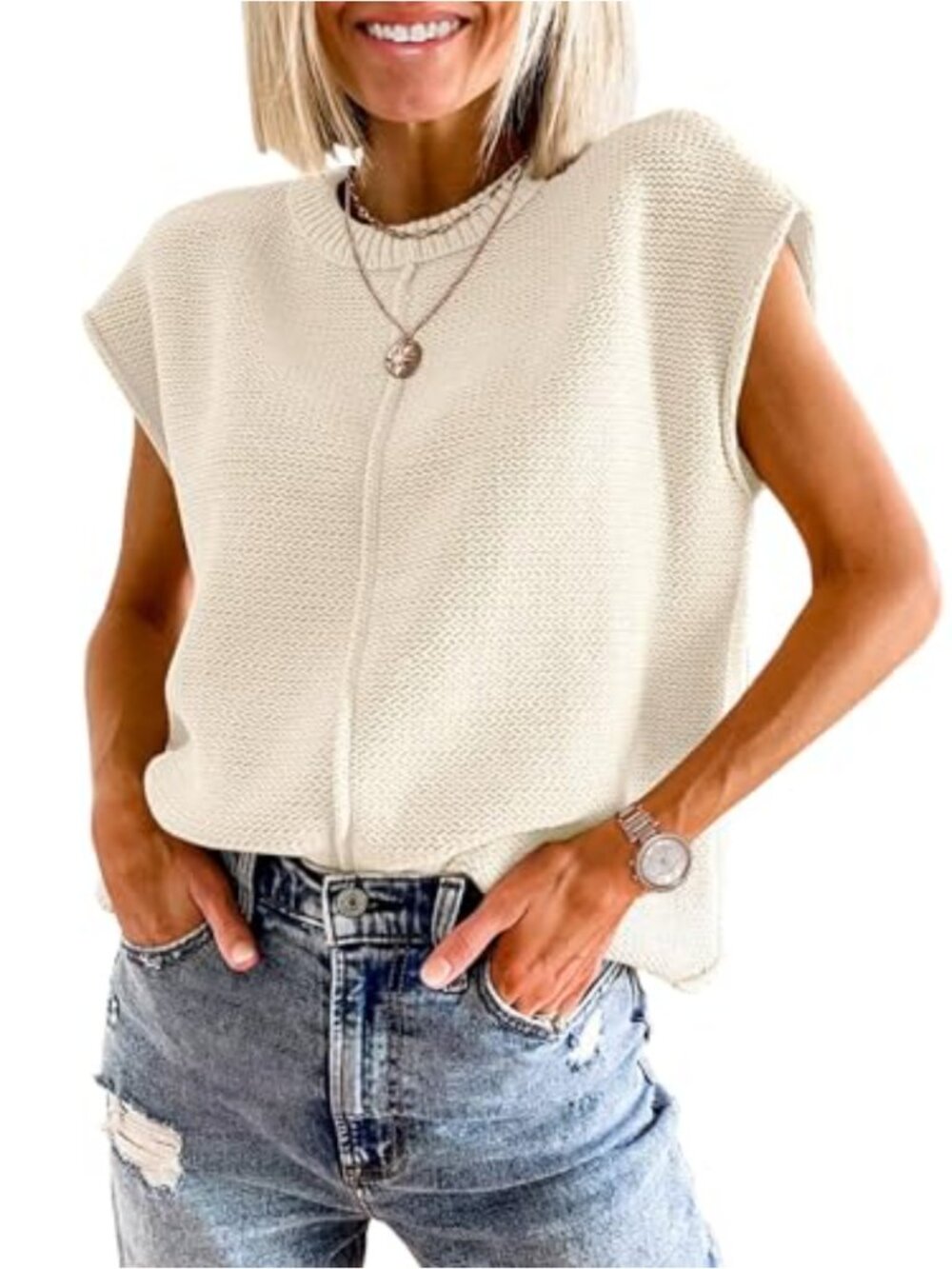 Loose Fit Crew Neck Sleeveless Knit Sweater Vest Summer Cotton Acrylic